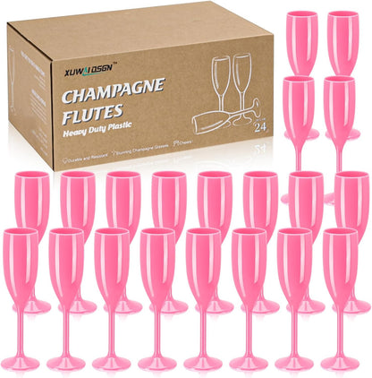 XUWAIDSGN Champagne Flute Acrylic Champagne Glasses Wedding Toasting Champagne Flute Goblet Plastic Reusable Unbreakable Champagne Cups for Bachelorette Wedding Bridal Shower Party (Pink, 24)