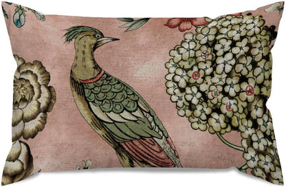 ArogGeld Chinoiserie Cushion Cover Pink Blush Chinoiserie Bird Throw Lumbar Pillow Cover Hydrangea Camellia and Peacock Pillow Cases Farmhouse Decor for Living Room Bedroom 12x20in White Flax