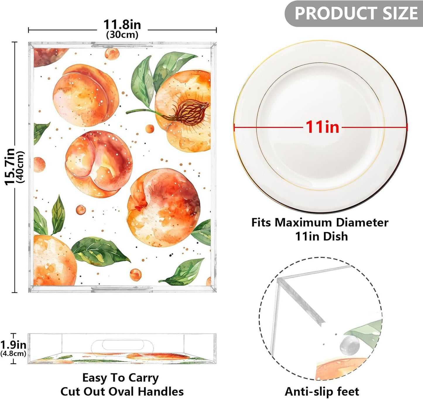 Spill Proof Acrylic Serving Tray, Countertop Organizer 16x12 Inch with Handles for Breakfast, Living Rooms, Coffee, Juice, Kitchen and Desk, (Watercolor Peach)