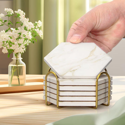 6Pcs White Marble Coaster Set with Holder Hexagon Ceramic Coasters Absorbent Coasters Drink Coasters Set for Coffee Table Bar Coasters Wine Coasters Modern Coasters Beer Coasters Cup Coasters