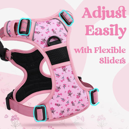 rabbitgoo Dog Harness for Large, No Pull Easy On & Off with 3 Buckles Pet Harness, Adjustable Soft Walking Vest with 2 Clips and Handle, Reflective for Large Dogs, Floral Pink, L