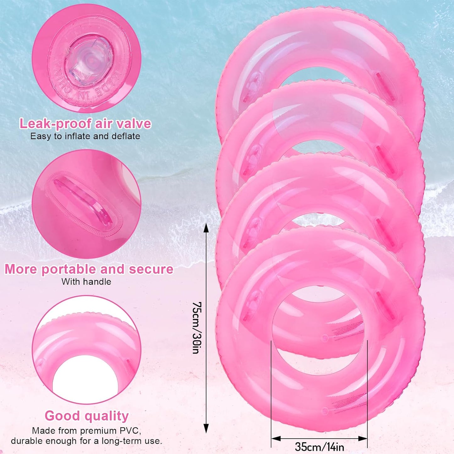 FYSUIMU 4Pcs Inflatable Pool Float with Handles Clear Pink Swim Rings Swimming Pool Tubes for Adults Teens Summer Pool Beach Bachelorette Party, 35 x 14 Inch