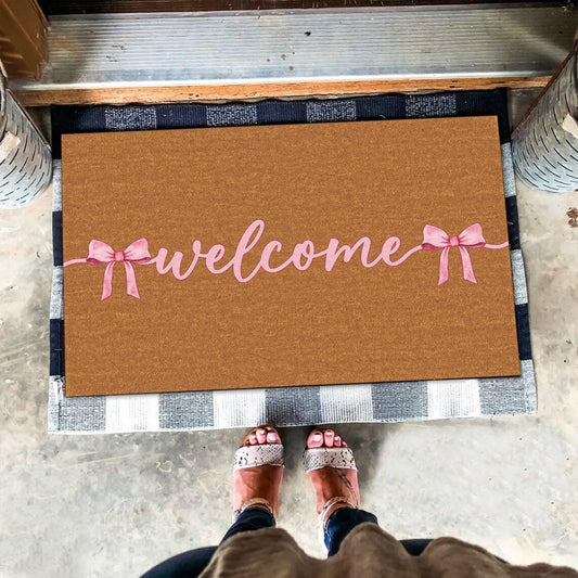 Pink Bow Door Mat Watercolor Pink Colored Bow Welcome Mat Indoor Outdoor Entrance Doormat Washable Floor Mats for Front Door Bathroom Kitchen Runner Rugs 18x30 Inch