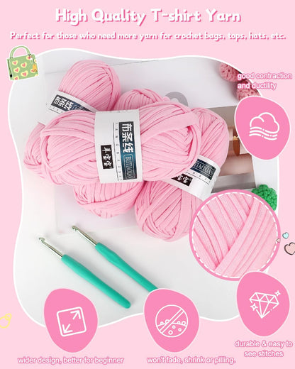 Katech T-Shirt Yarn in Pink for Crocheting, 4x100g/130yds Elastic Fabric Kit for Knitting & Hand DIY Projects, Home Decor