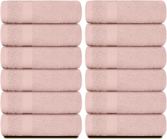 White Classic Luxury Cotton Washcloths 13x13 Inch - 650 GSM Turkish Cotton | Hotel, Spa, Bathroom Face Towel | 12 Pack, Pink