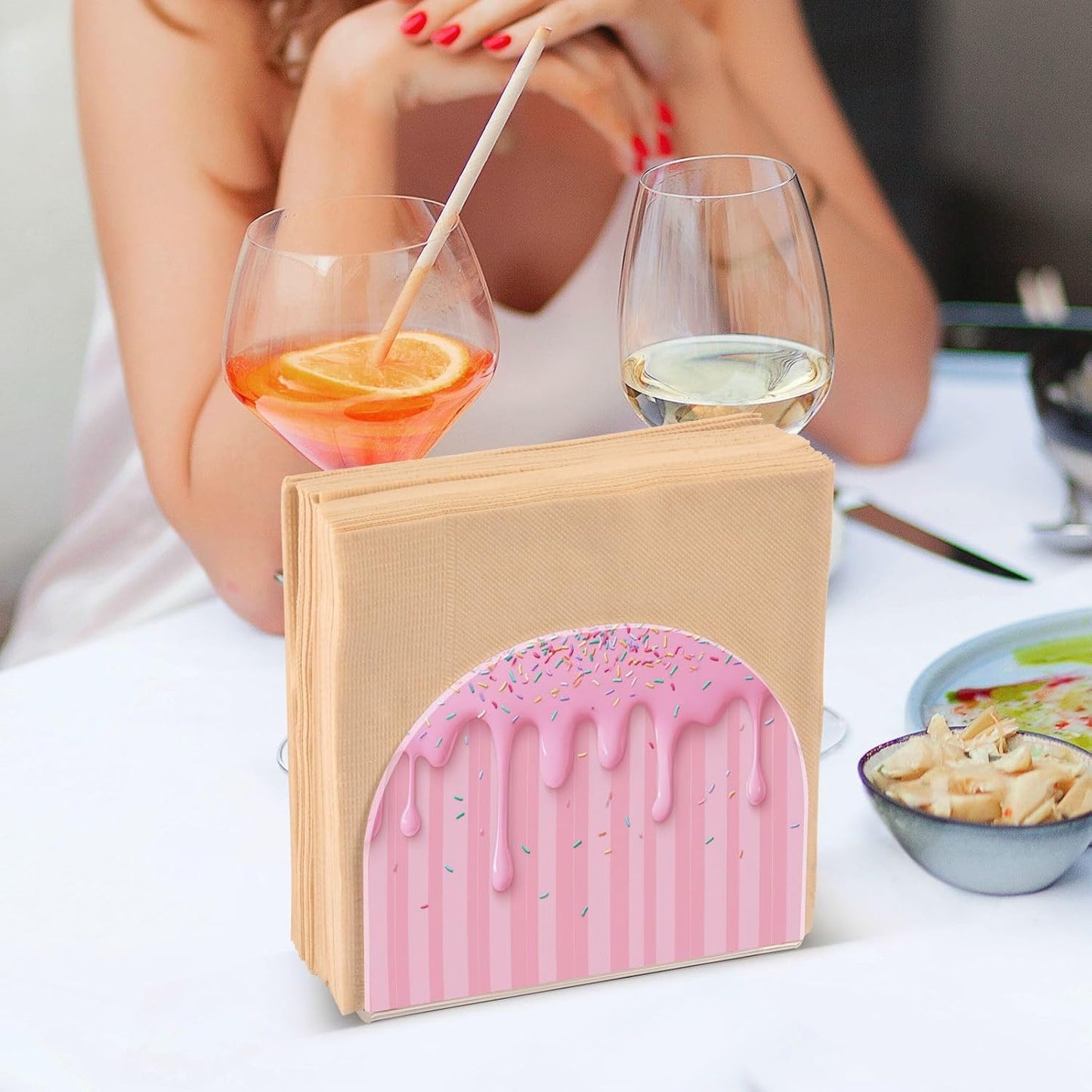 Ice Cream Waffle Cone Pink Napkin Holder for Table Freestanding Tissue Dispenser Acrylic Cloth Napkin Holders for Kitchen Countertop Home