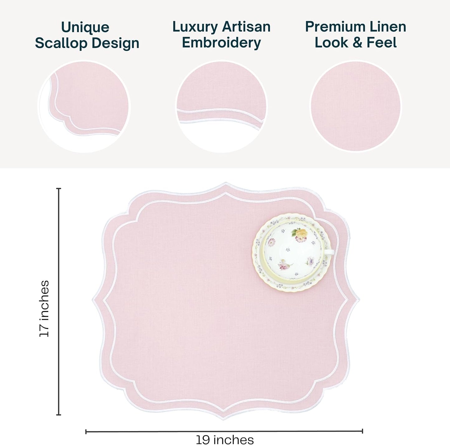 Cotton Linen Placemats Set of 4 - Double Layered, Machine Washable, Scalloped & Embroidered Cloth Table Mats - Wedding, Pastel Tone Mats, 19 x 17 inch, Light Pink