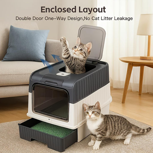 Foldable Enclosed Cat Litter Box with Drawer and Lid - Top Entry Splash-Proof Cat Toilet, Odor-Proof and Leak-Proof and Spaceful, Lightweight and Portable Pet Toilet with Scoop (Pink)