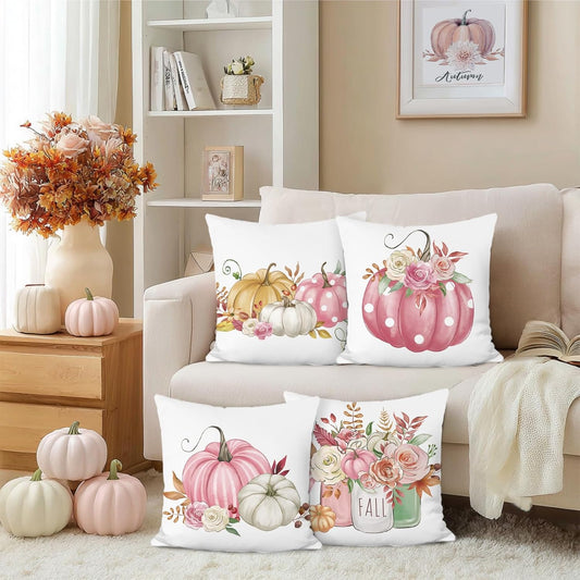 Fall Pumpkin Throw Pillow Covers, Pink Pumpkins Flowers Autumn Velvety Decorative Pillowcases for Sofa Bed Home Patio Set of 4, 18 x 18 Inches