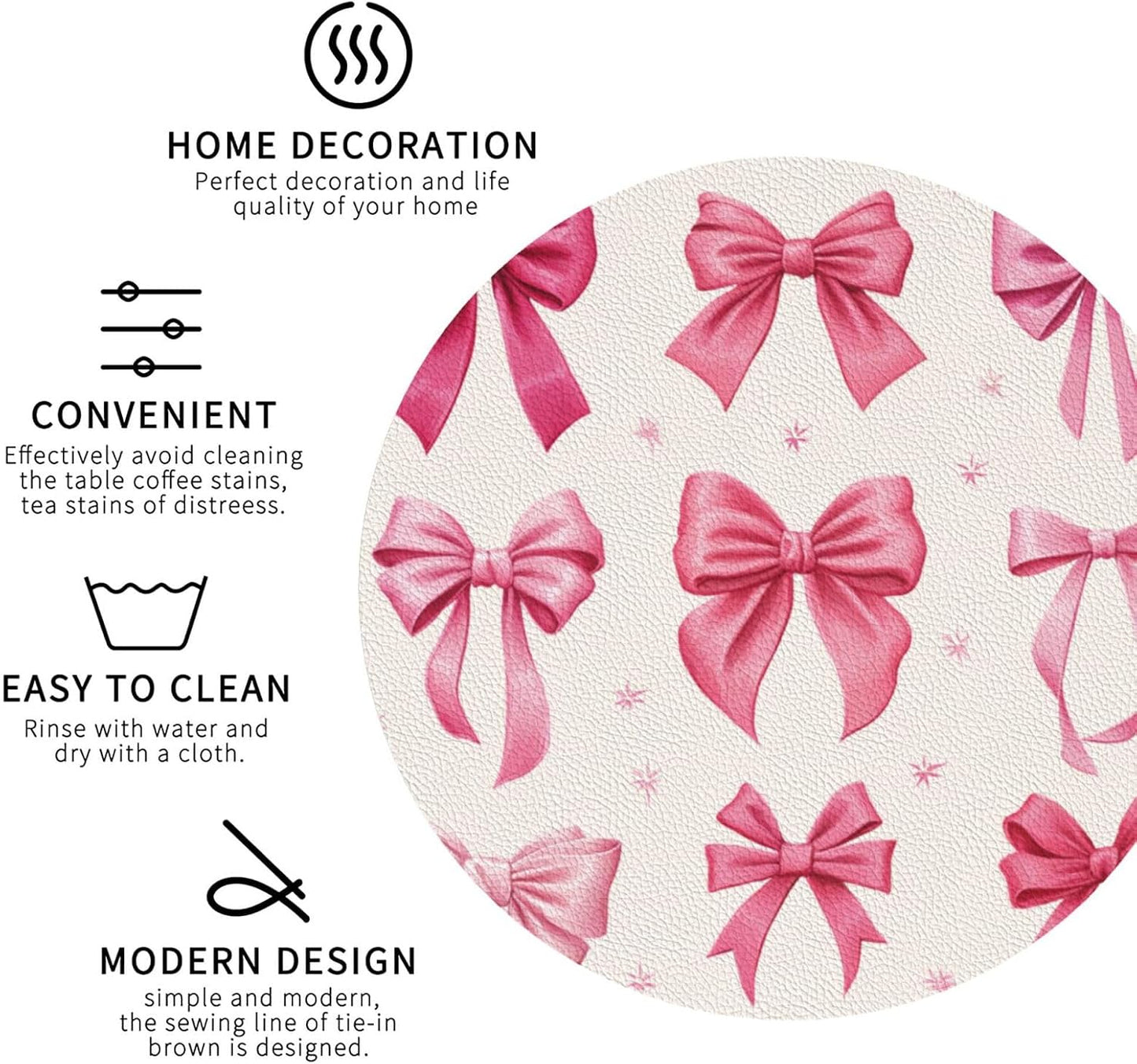 Light Pink Bows in Three Rows Drinks Coasters Set of 4 Leather Drink Coasters for Tabletop Protection Heat Resistant Bar Cup Mat Pad