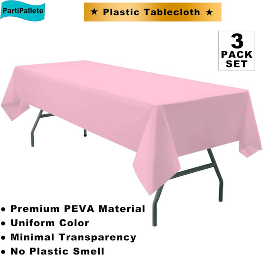 3-Pack Premium Plastic Pink Tablecloth Disposable 54 x 108 Inches Rectangle Table Cover Party PEVA Table Cloths for Parties Birthday Wedding Bridal Shower Events Fits up to 8 ft Tables