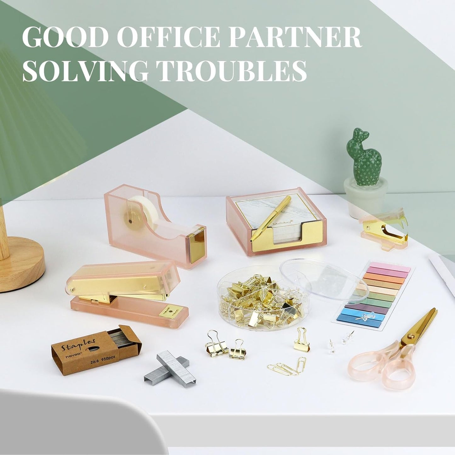 Buqoo Pink Gold Acrylic Office Set 11 in 1 - Desk Essentials with Stapler, Tape Dispenser, Staple Remover, Scissor & More - Office Supplies Kit for Women, Teachers, School & Home
