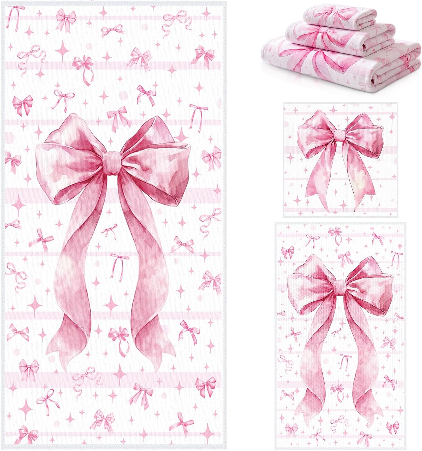 Moukeren Set of 3 Pink Bow Bath Towels Cute Coquette Large Bow Bath Towel Hand Towel and Washcloth Soft Decorative Towels for Girls Womens Bathroom Kitchen Pool Gym Spa Yoga