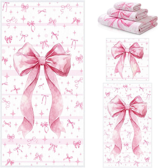 Moukeren Set of 3 Pink Bow Bath Towels Cute Coquette Large Bow Bath Towel Hand Towel and Washcloth Soft Decorative Towels for Girls Womens Bathroom Kitchen Pool Gym Spa Yoga