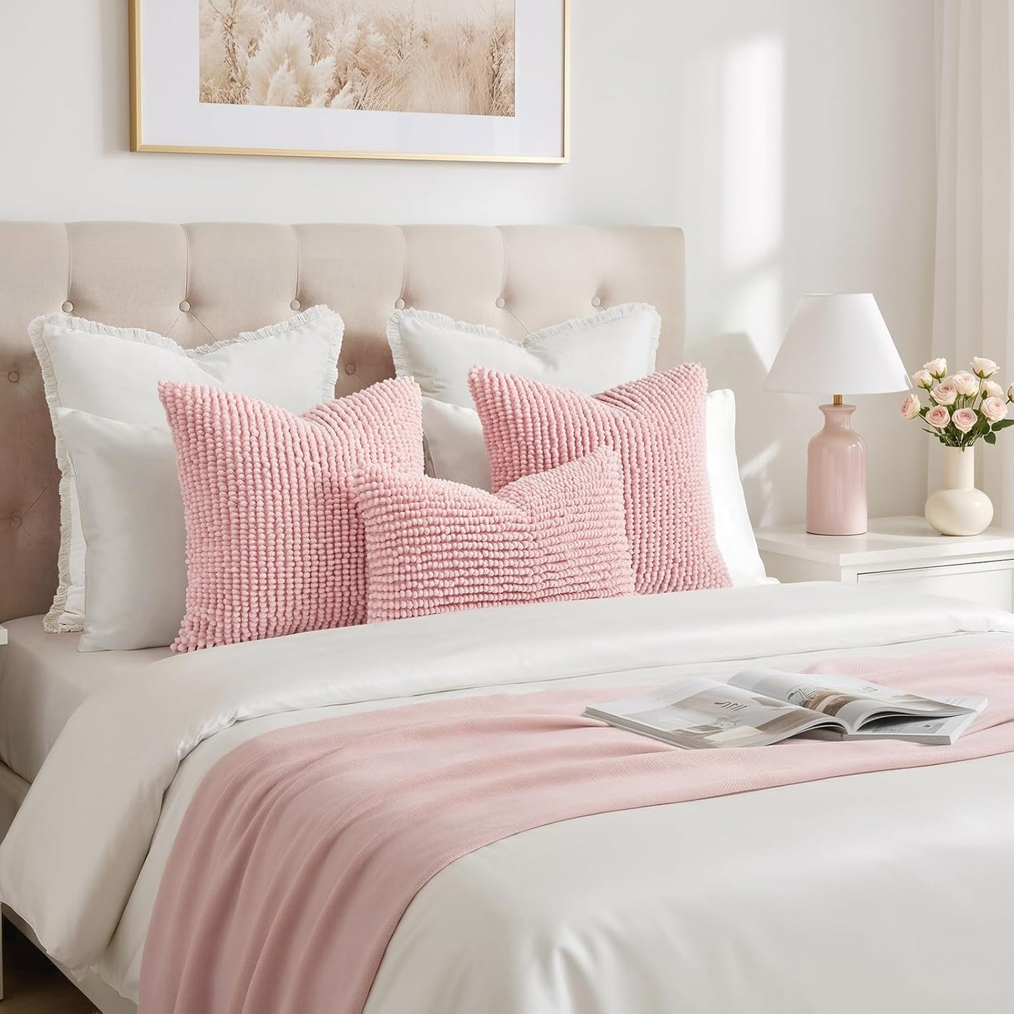 HOMEIDEAS Light Pink Decorative Chenille Throw Pillow Covers 18x18 Set of 2, Thick Soft Plush Pillow Covers for Couch Sofa Bed Living Room Home Decor