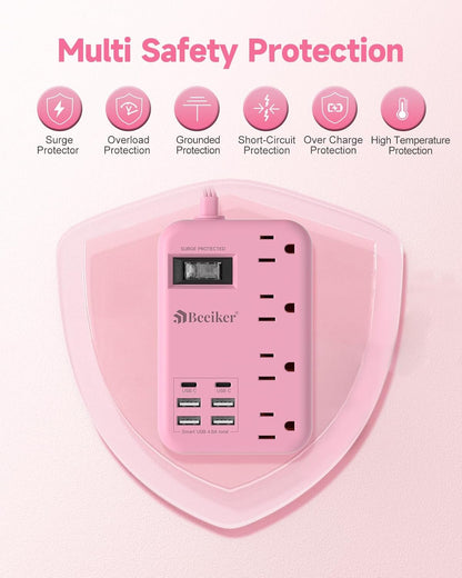 6 USB(2 USB C) Pink Extension Cord- 5Ft Travel Power Strip with 24W USB Charging Station and 4 Outlets, Pink Desk Accessories with Surge Protector for Cute Kawaii Gifts College Dorm Desk