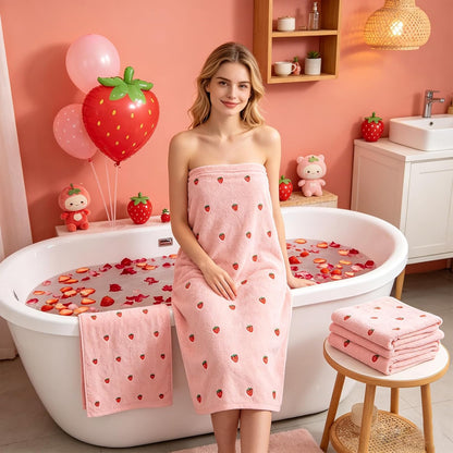 FYSUIMU Strawberry Bathroom Towels Set of 3 Pink Red Strawberry Fruit Embroidered Cotton Bath Towel Hand Towel Wash Cloth for Holiday Hand Drying Shower Supplies