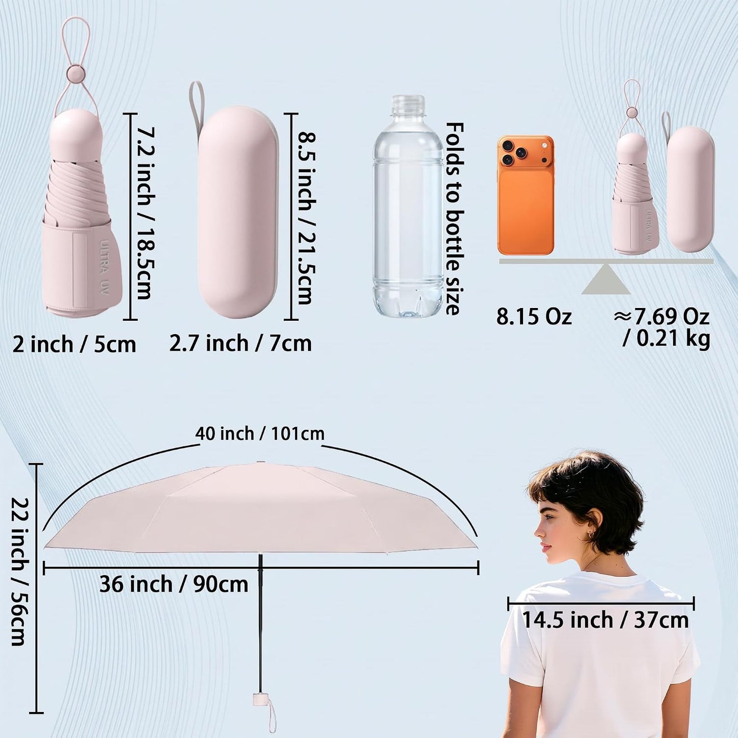 Small Compact Mini Travel Umbrella with Case - Collapsible Pocket Size for Purse, UPF 50+ UV Sun Protection & Rain, Lightweight Portable Packable Tiny Micro Umbrella for Women Kids Men