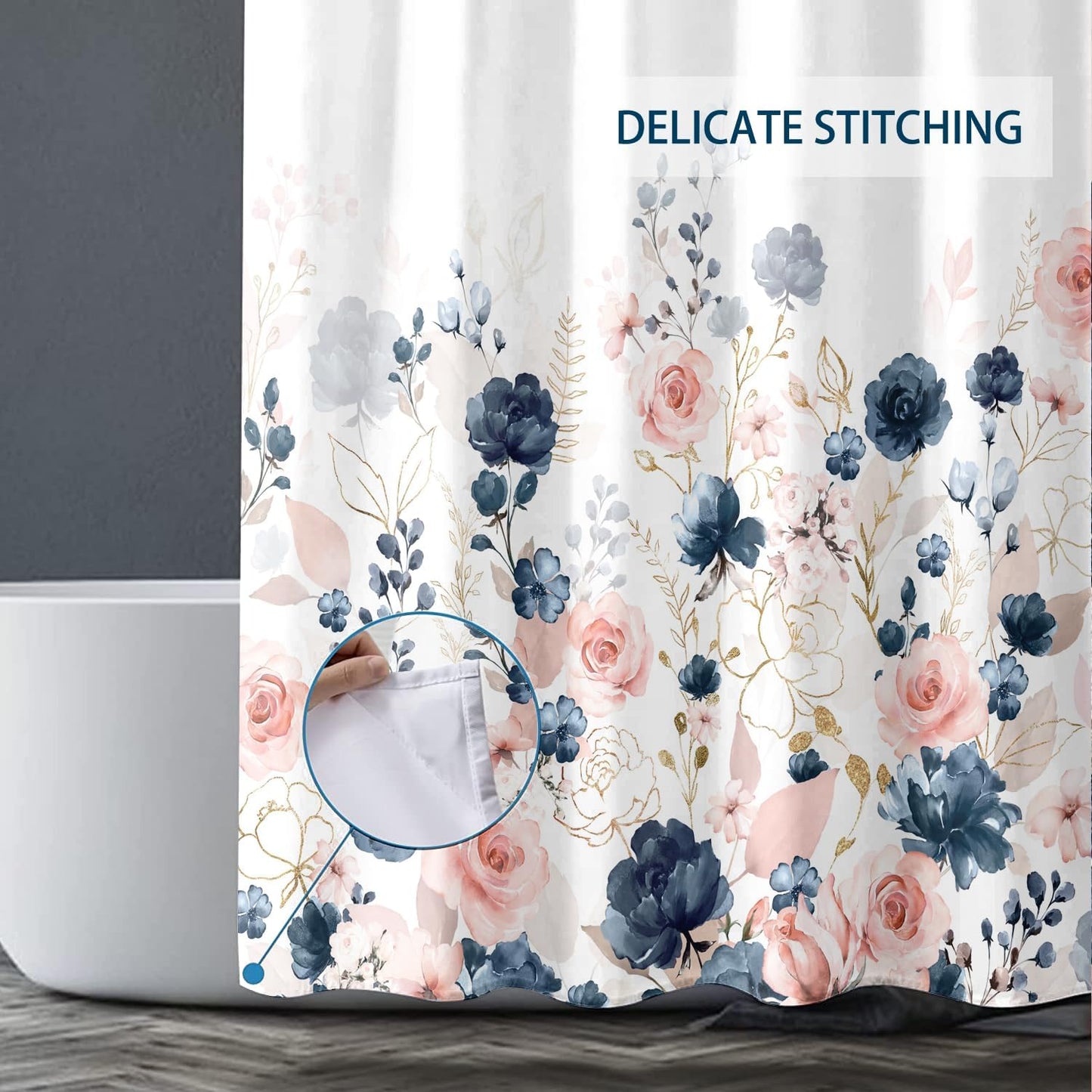 Navy Blue and Pink Floral Shower Curtain, Waterproof Fabric Watercolor Flowers Bathroom Shower Curtain with 12 Hooks, 72 x 72 Inch