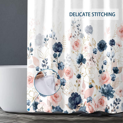 Navy Blue and Pink Floral Shower Curtain, Waterproof Fabric Watercolor Flowers Bathroom Shower Curtain with 12 Hooks, 72 x 72 Inch