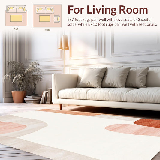 Flatwoven High Traffic Area Rug 5x7, Blush & Ivory Abstract Brushstroke Rug Artistic Flair, Non Slip, Stain Resistant, Washable Area Rugs for Living Room, Bedroom (Peach, 5x7)