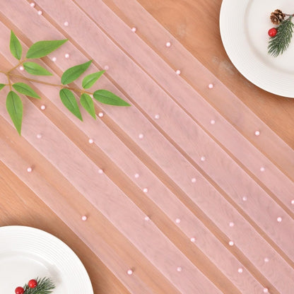 Joanlody Pearl Table Runner 10ft Rustic Boho Summer Tulle Runner with Pearls for Baby Shower Wedding Party Veil Dessert Table Decor Pink