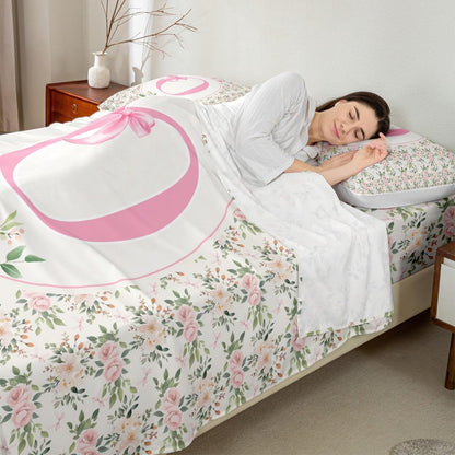 Erosebridal Letter O Bed Sheets Set Twin Peach Blossom Sheet Set Coquette Princess Floral Print Sheets Girly Cute Kawaii Ribbon Bow Rose Flat Fitted Sheet