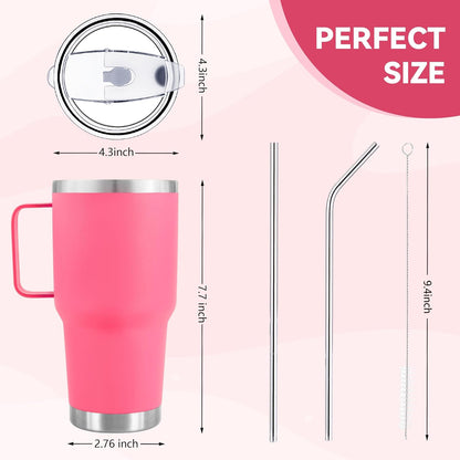 30 oz Tumbler With Handle, Double Wall Stainless Steel Vacuum Insulated Travel Mug with Splash-Proof Lid Metal Straw and Brush (Bright Pink)