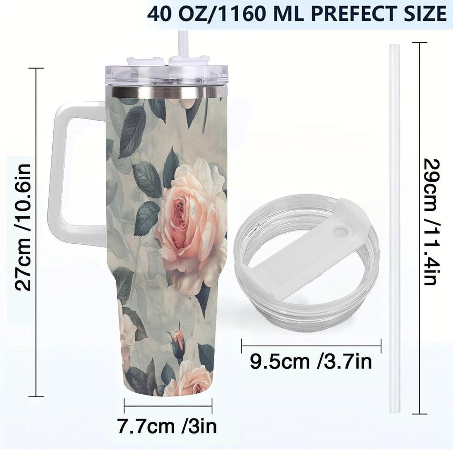 40oz Tumbler with Handle, Peach Rose Pattern With Green Leaves Printed Stainless Steel Travel Mug, Insulated Car Cup with Straw, Keeps Drinks Hot & Cold, Personalized Gift for Women & Men