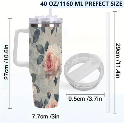 40oz Tumbler with Handle, Peach Rose Pattern With Green Leaves Printed Stainless Steel Travel Mug, Insulated Car Cup with Straw, Keeps Drinks Hot & Cold, Personalized Gift for Women & Men