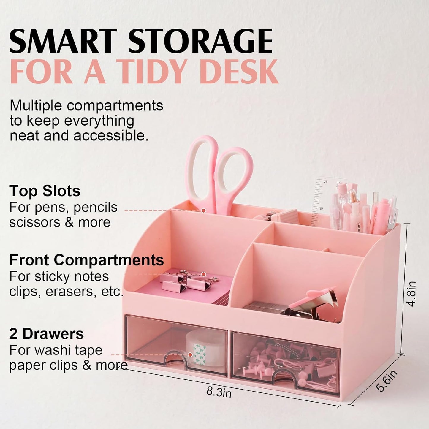 Eersida Desk Accessories Supplies, 26 Pcs Desk Organizer with Tape Dispenser, Stapler, Staple, Staple Remover, Scissor, Ruler, Sticky Tabs, Tape, Ballpoint Pen, Pencil, Clips for School Office(Pink)