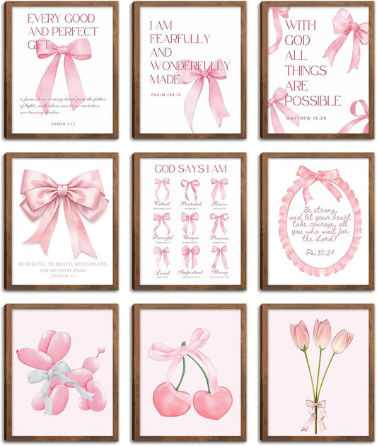 Pink Bows Bible Verse Christian Canvas Wall Art Set of 9, Trendy Posters Prints Wall Decor, Cute Coquette Preppy Girls Aesthetic Room Decor Gifts for Bedroom Living Room Home Decor 8x10inch Unframed