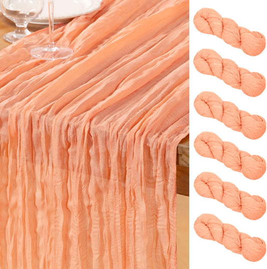 DeZerlor Peach Cheesecloth Table Runner 6 Pack Summer Table Runners Boho Gauze 120 Inches Cheese Cloth Table Decor for Wedding Bridal Baby Shower Parties