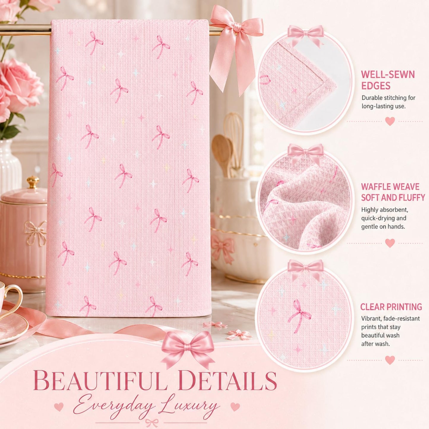 wuguimeii Coquette Pink Bow Decor Towels on Bathroom Kitchen - Pink Hand Towel Bathroom Accessories - Preppy Girly Decorations Dish Tea Towels 16x24 inches