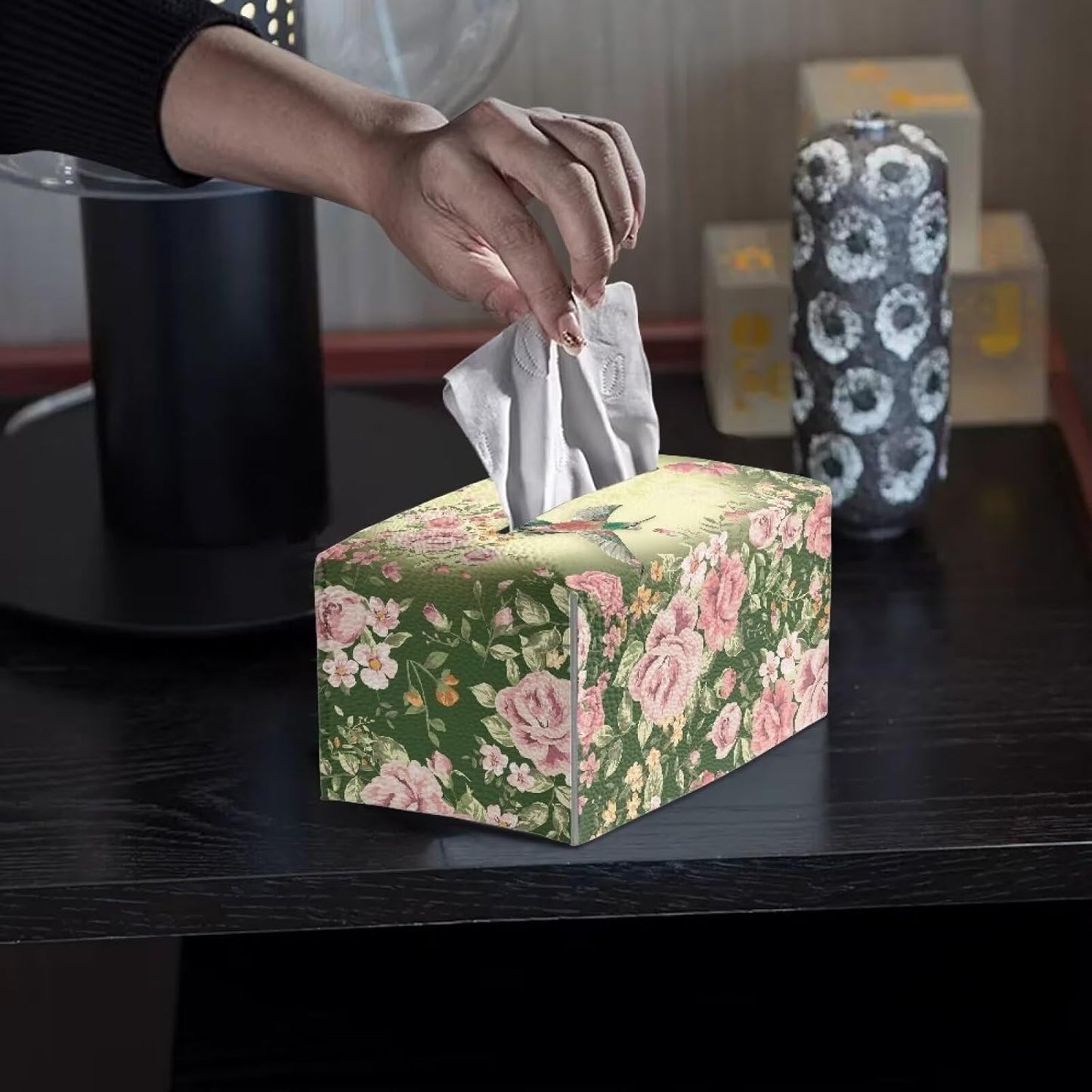 Pink Flower Rectangle Tissue Box Cover Green Leaf Leather Tissue Box Tissues Boxes Cover Pretty Tissue Box Pu Home Gifts for Valentine's Day Birthday