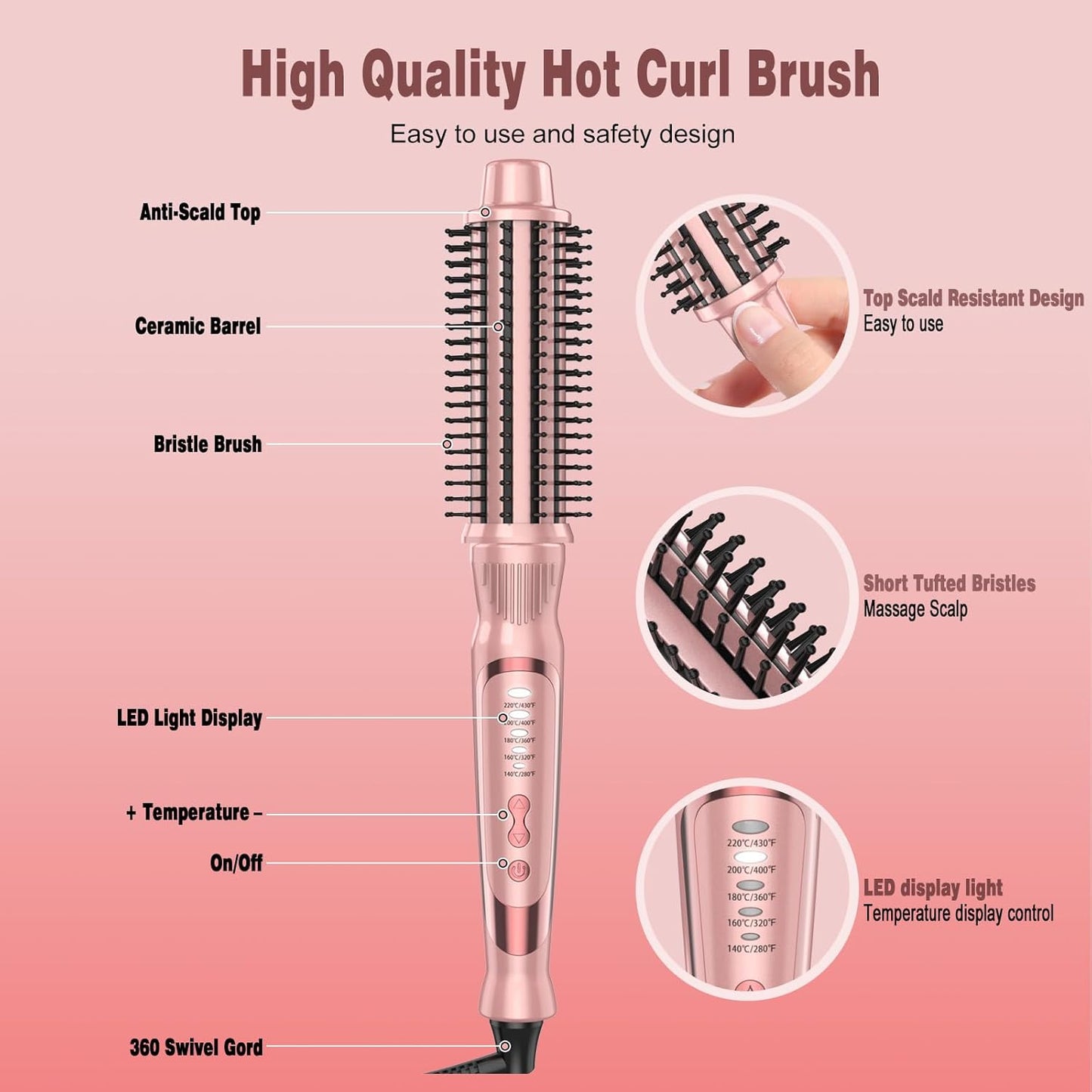 Heated Round Brush, Ceramic Tourmaline Ion Curling Iron, Hot for Fluffy Thermal Brush Curling Wand, Suitable for All Hair Types Tool (Pink, 1.5 inch)