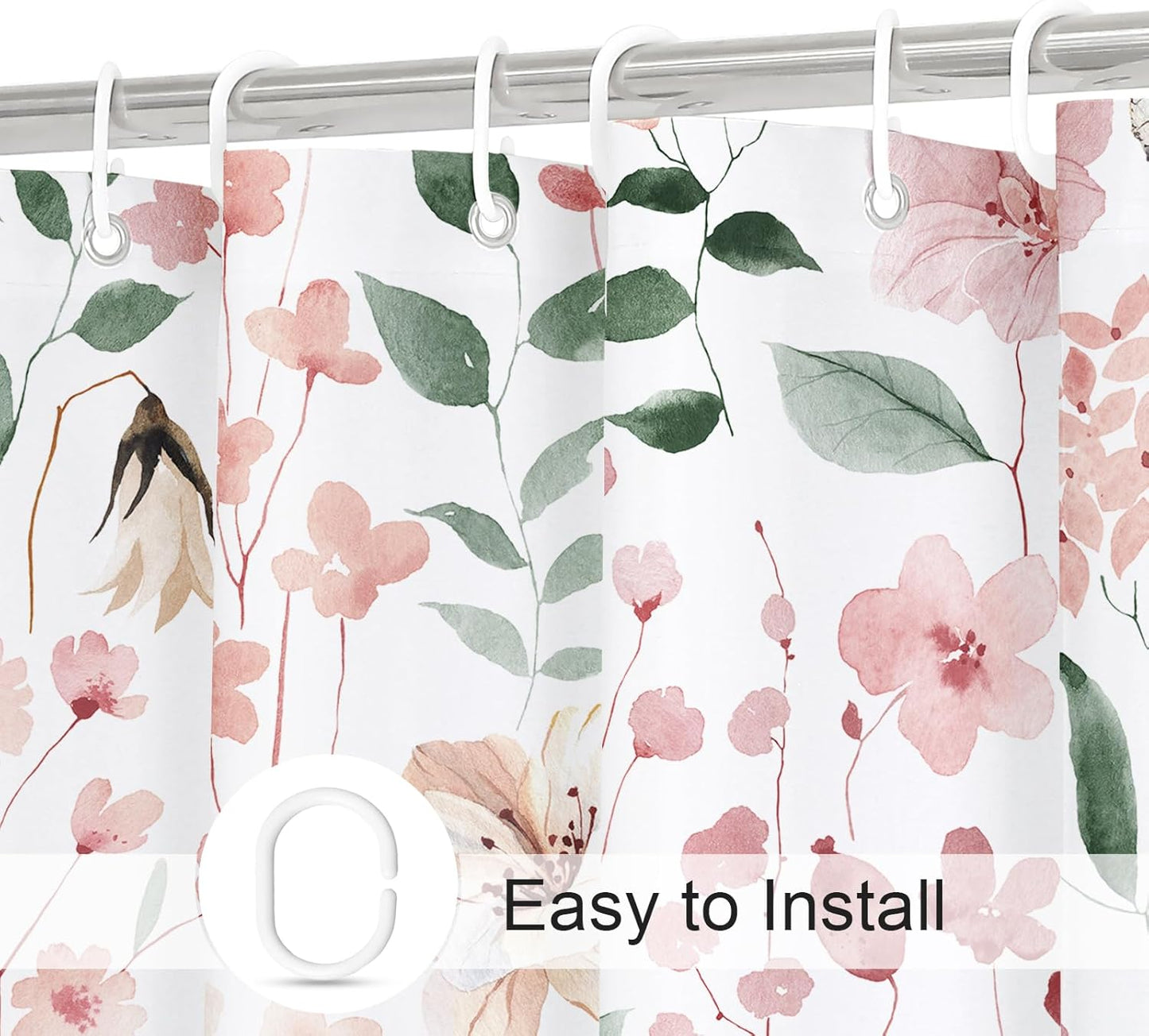 Litabel Pink Floral Shower Curtain, Plant Leaves with Flower Shower Curtains for Summer Pink Bathroom Decor, Modern Farmhouse Waterproof Fabric Botanical Shower Curtain Set with Hooks 72x72 Inch