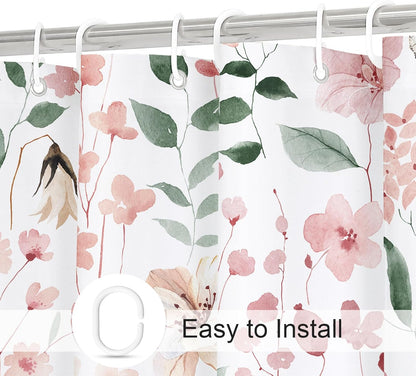 Litabel Pink Floral Shower Curtain, Plant Leaves with Flower Shower Curtains for Summer Pink Bathroom Decor, Modern Farmhouse Waterproof Fabric Botanical Shower Curtain Set with Hooks 72x72 Inch