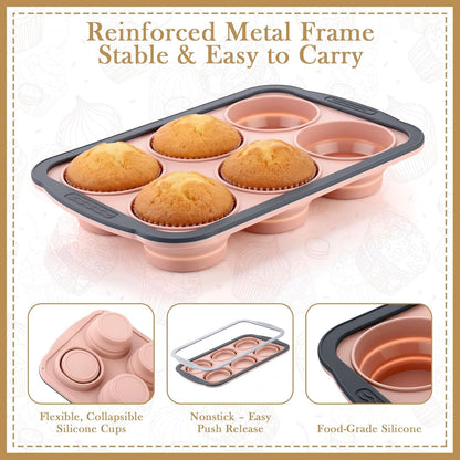 2 Pack Silicone Muffin Pan for Baking with Metal Frame, Collapsible 6 Cup Cupcake Baking Tray, Nonstick Silicone Muffin Tins for Oven, Dishwasher Safe Foldable Cupcake Molds (Pink)