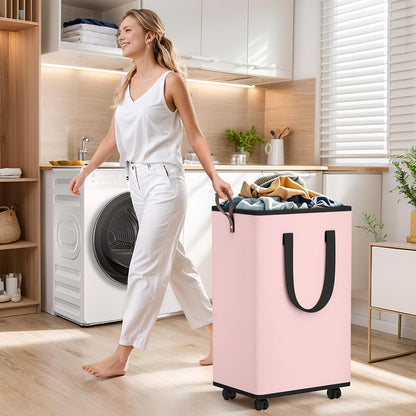 SpaceTrove Laundry Basket with Wheels, Collapsible Laundry Baskets, Laundry Hamper with Handles Detachable Wheels, Rolling Laundry Basket, Dirty Clothes Hamper for Bathroom, Dorm, Bedroom, Pink, 100L