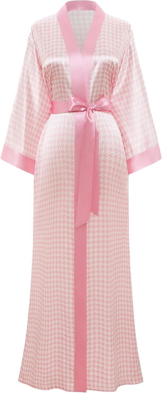 PRODESIGN Kimono Robes for Women - Houndstooth Satin Sleepwear Silky Nightgown Bathrobe Dressing Gown Blouse Cardigan Robe
