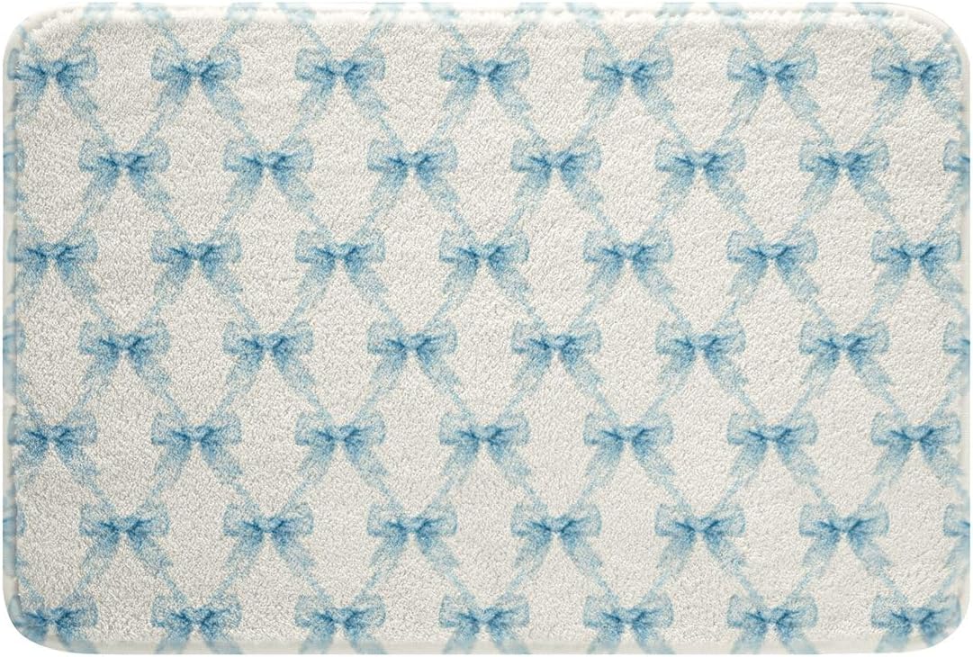 Erosebridal Cute Bow Bathroom Rug Non Slip Blue Bowknot Bath Mat for Bathroom Kawaii Princess Ribbon Bow Door Mat for Bedroom,Pink White Soft Lightweight Entrance Rug 16"x24"