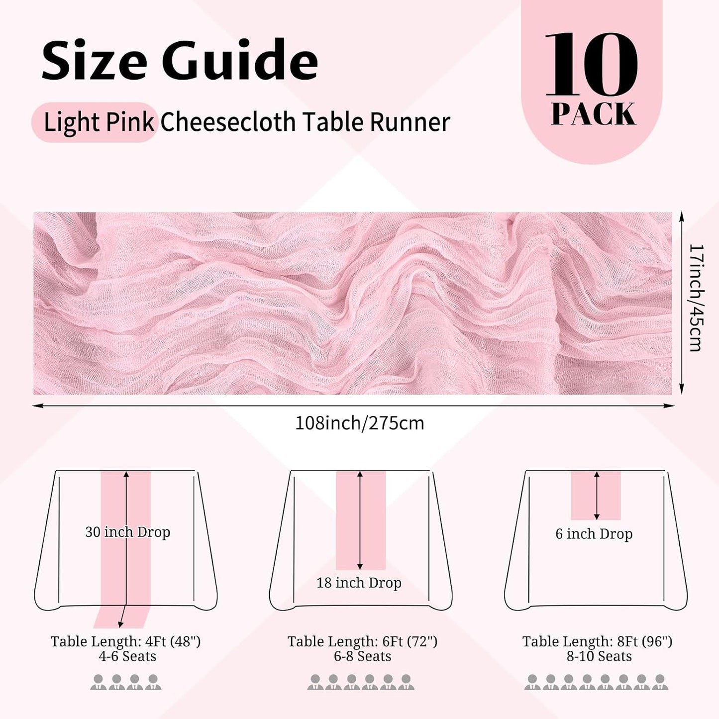 10 Pack Light Pink Cheesecloth Table Runner 17x108 Inch Semi Sheer Boho Gauze Cheese Cloth Table Runners, for Wedding Bridal Shower Birthday Party Home Decor Garden Farmhouse