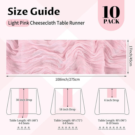 10 Pack Light Pink Cheesecloth Table Runner 17x108 Inch Semi Sheer Boho Gauze Cheese Cloth Table Runners, for Wedding Bridal Shower Birthday Party Home Decor Garden Farmhouse