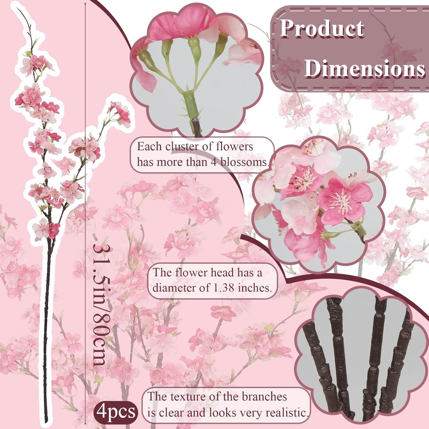 4 Pcs Cherry Blossom Branches Fake Flowers for Spring Summer Indoor Home Decor 32" Pink Faux Artificial Cherry Flowers Long Stems for Vase Wedding Office Party Table Centerpieces Bedroom Decor