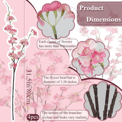 4 Pcs Cherry Blossom Branches Fake Flowers for Spring Summer Indoor Home Decor 32" Pink Faux Artificial Cherry Flowers Long Stems for Vase Wedding Office Party Table Centerpieces Bedroom Decor