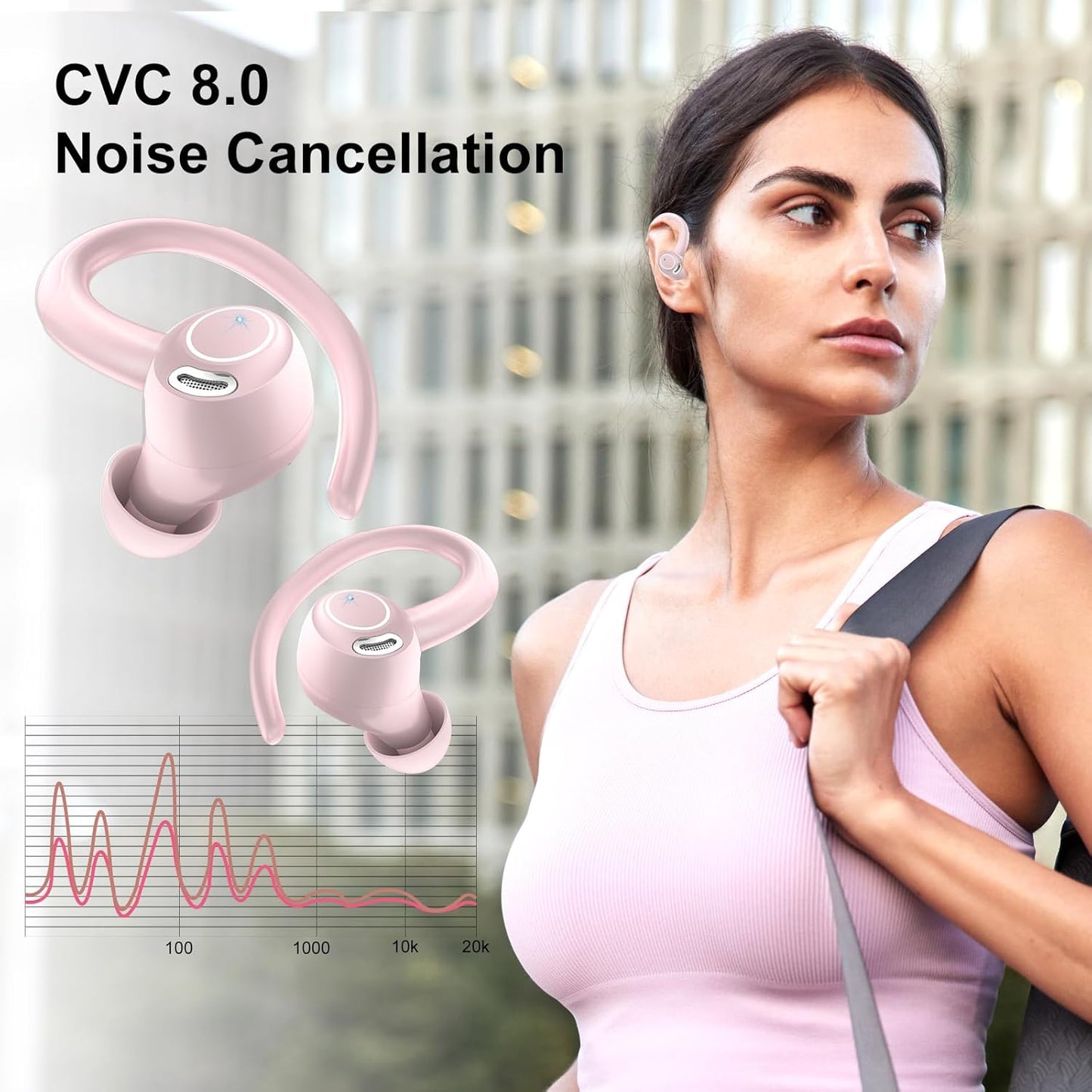 Wireless Earbuds Bluetooth 5.3 Headphones Sports, 48H Earphone with ENC Mic, Stereo Deep Bass Bluetooth Earbuds with Secure Earhooks, LED Display, IPX7 Waterproof Over Ear Buds for Running Coral Pink