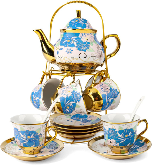 20Pcs Porcelain Tea Set with Metal Holder, European Ceramic Tea Set for 6 People, Vintage Flower Teapot Cup and Saucer Spoon Set, Complete Gift Set for Wedding, Bridal Shower, Afternoon Party (Pink)
