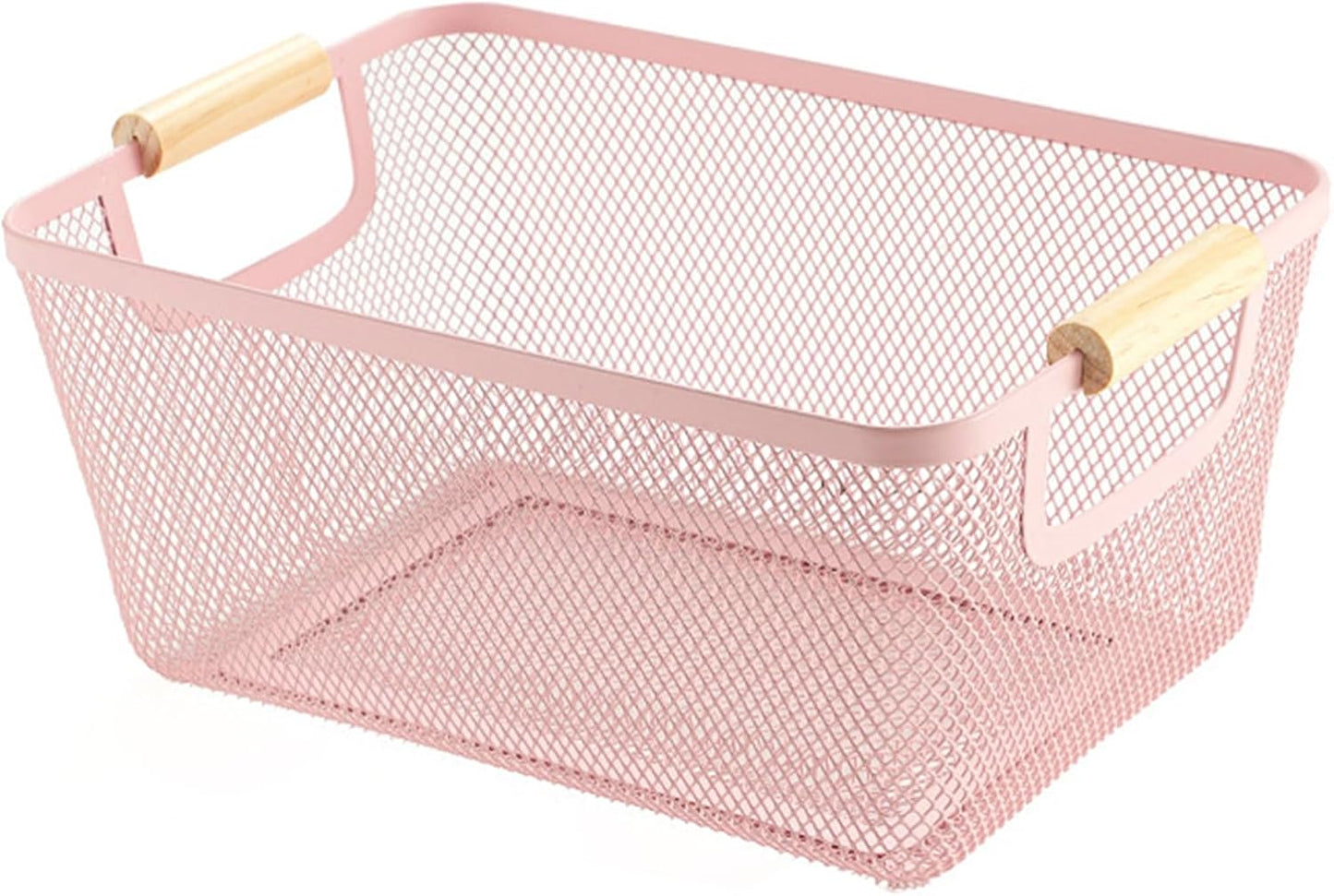 AJIODA Metal Mesh Steel Basket, Medium Wire Storage Organizer Basket Multi-function Hanging Kitchen Basket with Wood Handle for Kitchen Bathroom Picnic Home, Rectangle-Pink