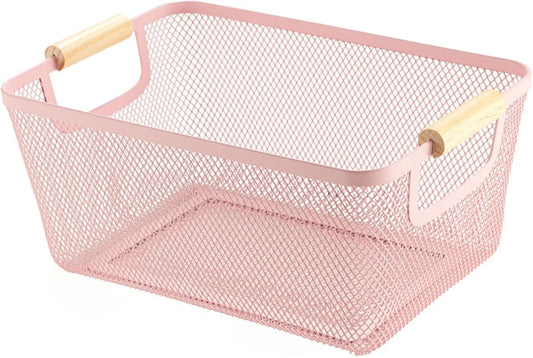 AJIODA Metal Mesh Steel Basket, Medium Wire Storage Organizer Basket Multi-function Hanging Kitchen Basket with Wood Handle for Kitchen Bathroom Picnic Home, Rectangle-Pink